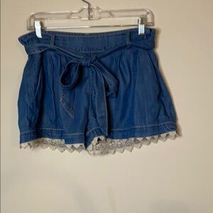 Blue Tain soft and flowing chambray denim shorts with crochet hem